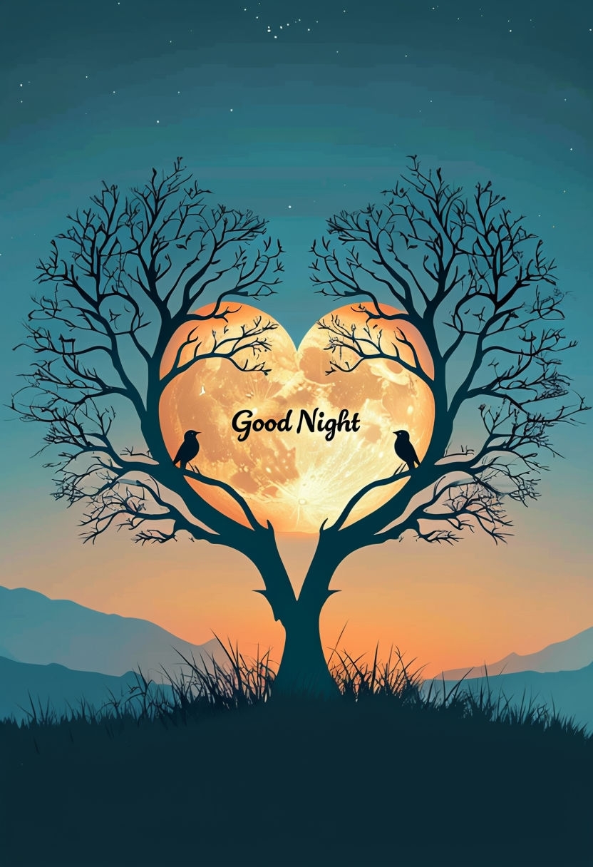 Romantic Heart-Shaped Tree Silhouette Good Night Poster