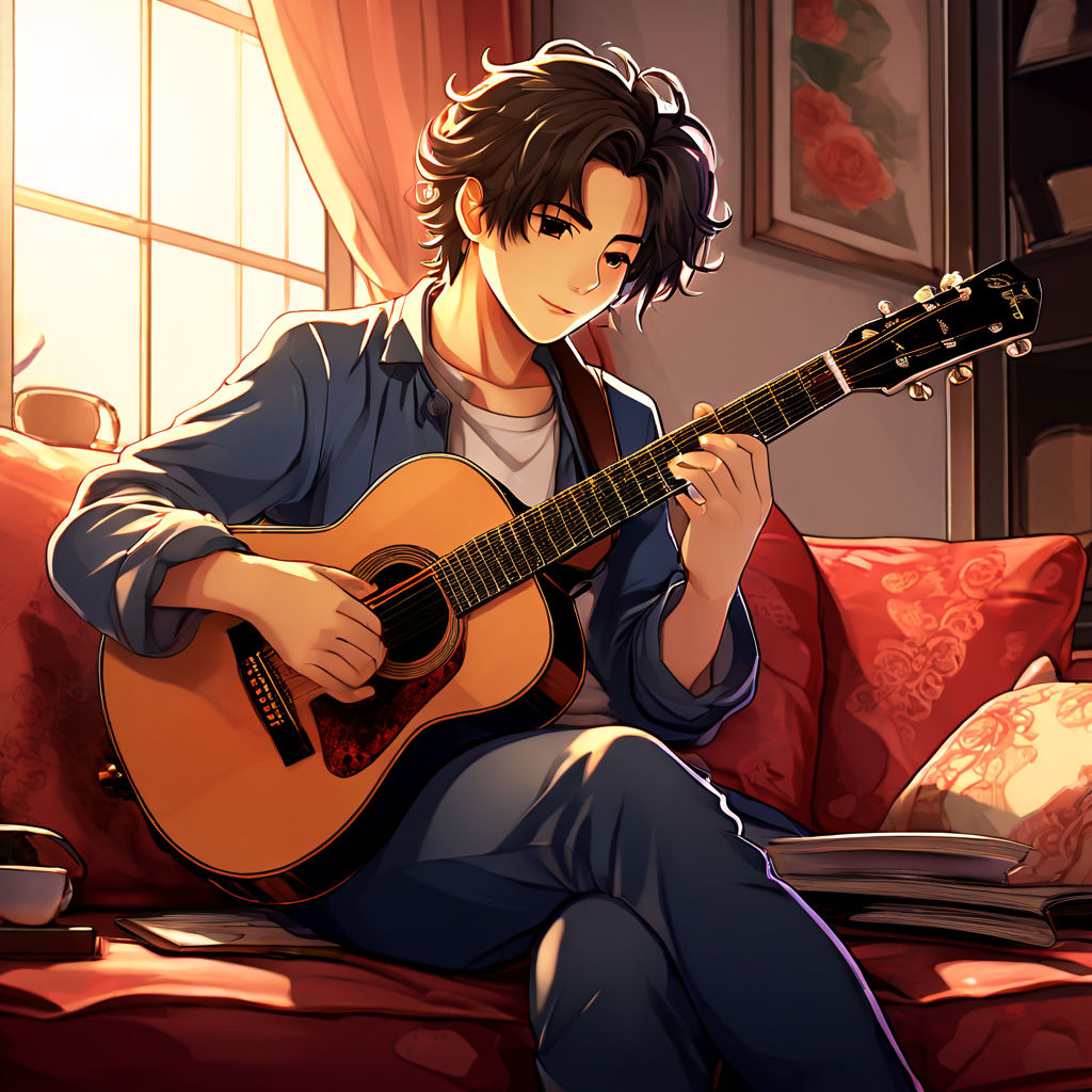 stands on the table and plays the guitar