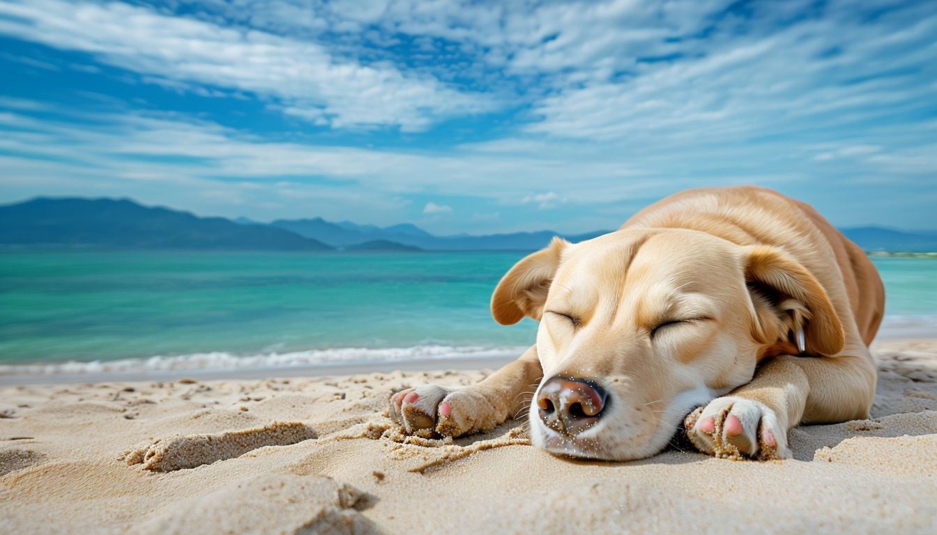 Peaceful Beach Scene with Sleeping Dog Virtual Background