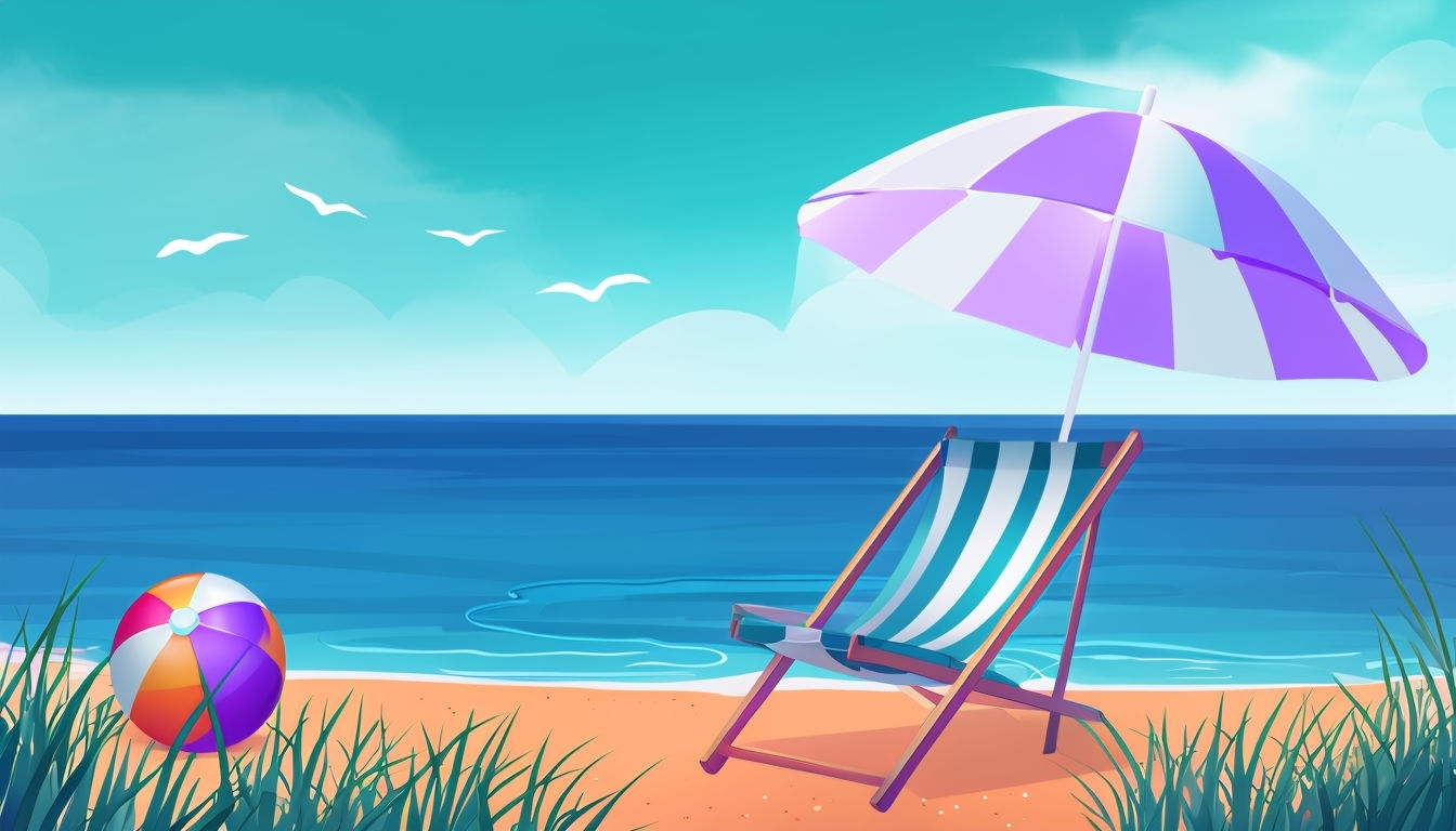 Vibrant Beach Scene with Chair and Umbrella Virtual Backgrounds