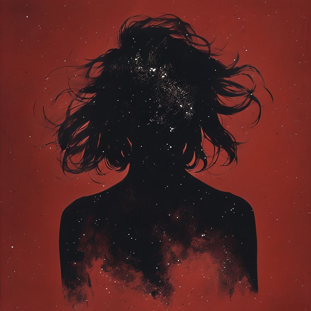 Celestial Silhouette with Flowing Hair on Dark Red T-Shirt