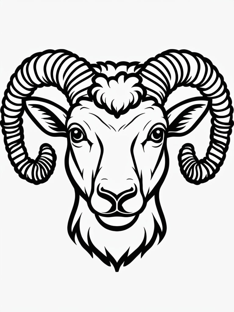 Symmetrical Ram Face Line Drawing for Coloring Book Pages