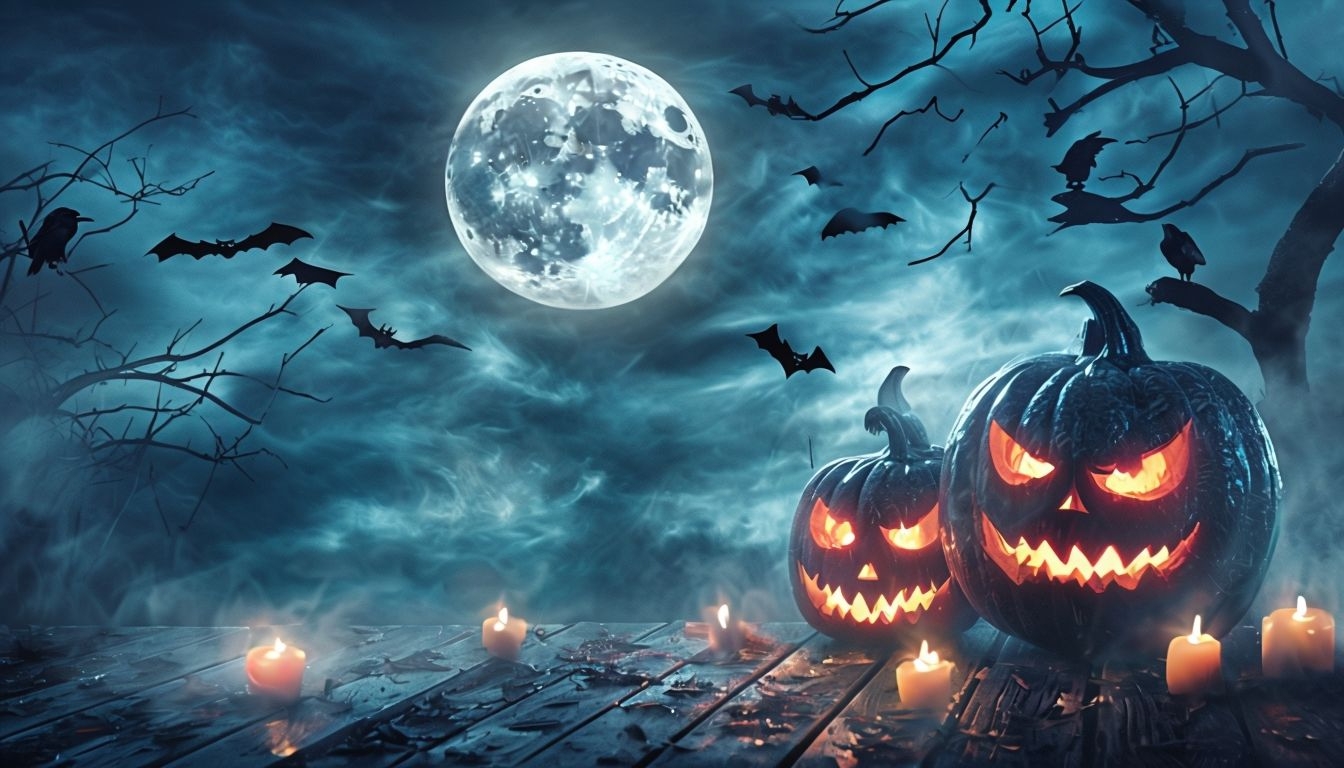 Haunting Halloween Night Scene with Jack-O'-Lanterns Background